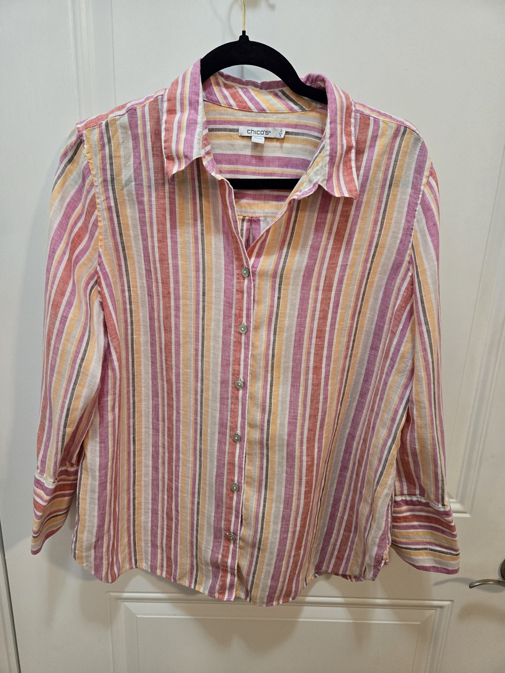 Chico's Multicolor Striped 100% Linen Button Down Shirt Size 2 US 12 Large